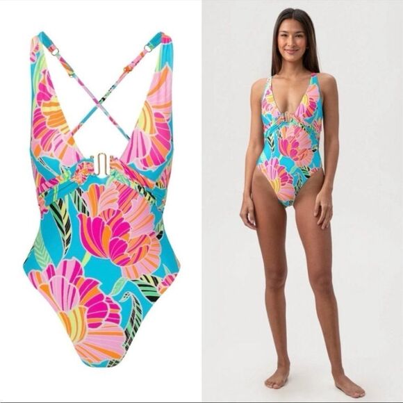 2025 Season Trina Turk Poppy Belted Plunge One Piece Swimsuit Size 12 - Picture 1 of 6